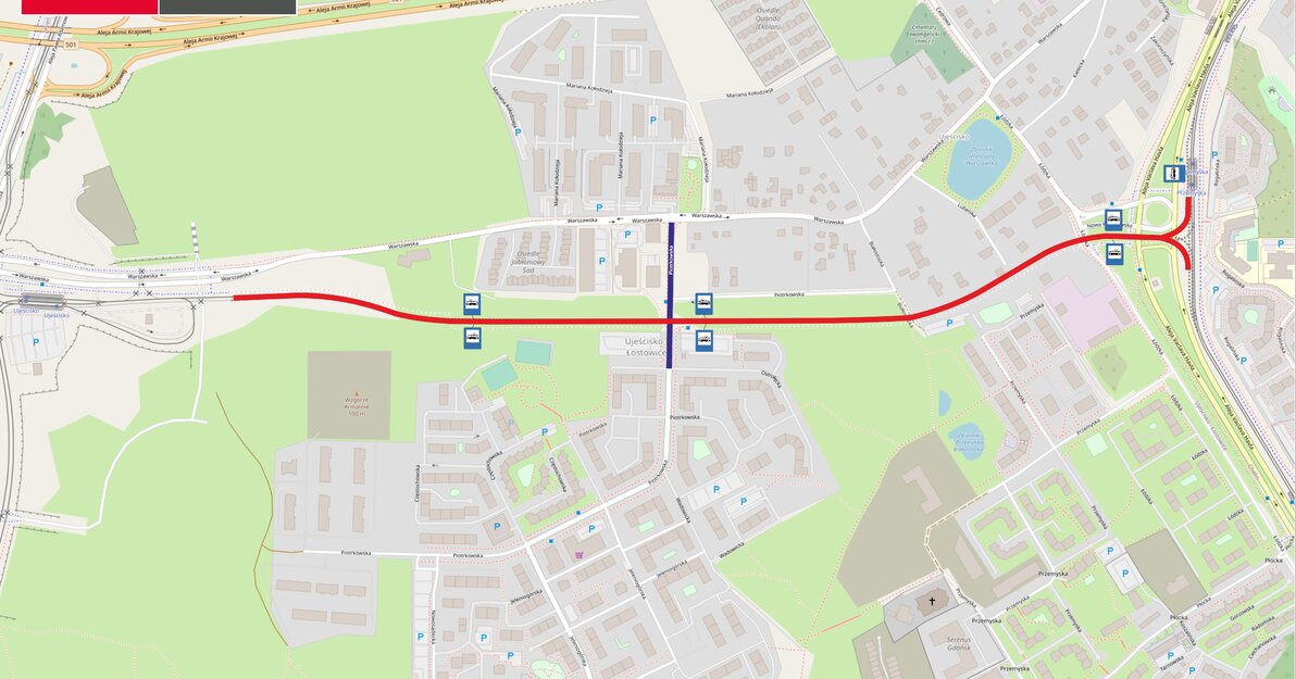 Mapa przedstawia rejon Al. V. Havla oraz Al. Armii Krajowej, nowa linia tramwajowa jest oznaczona jest czerwoną linią.