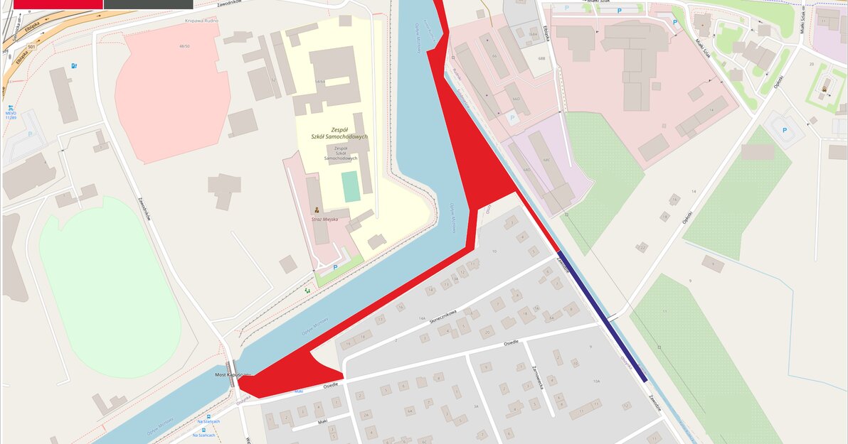 Mapa przedstawia Opływ Motławy w rejonie ul. Elbląskiej i ul. Zawodzie. Na czerwono zaznaczono miejsca podlegające zagospodarowaniu, na granatowo odcinek nowego chodnika.