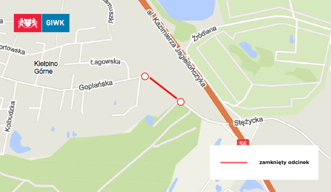 Mapa przedstawia ul. Goplańską oraz okolice, czerwoną linią zaznaczono odcinek modernizowany.