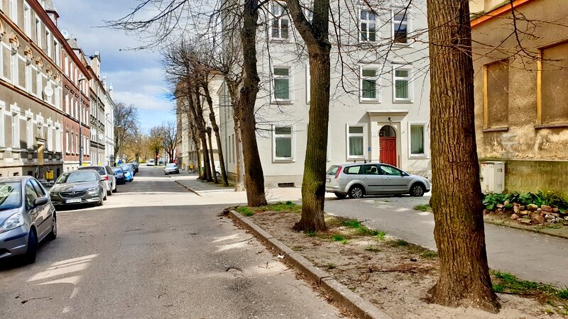 Zdjęcie przedstawia uliczkę pomiędzy kamienicami, po lewej stronie stoją zaparkowane wzdłuż samochody, po prawej szpaler drzew.