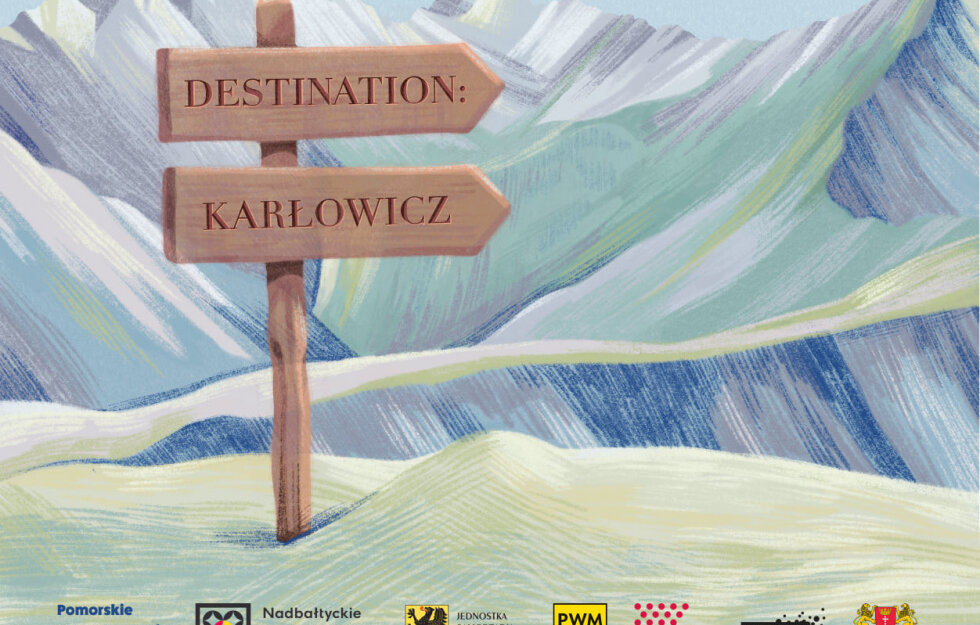 Grafika przedstawia plakat zapowiadający koncert online Orkiestry Kameralnej Progress, na plakacie jest wymieniony program, ilustrują to rysunkowe, drewnienie drogowskazy-strzałki z napisami desination, Karłowicz, w tle widać góry - nawiązuje to do górskiej pasji kompozytora.
