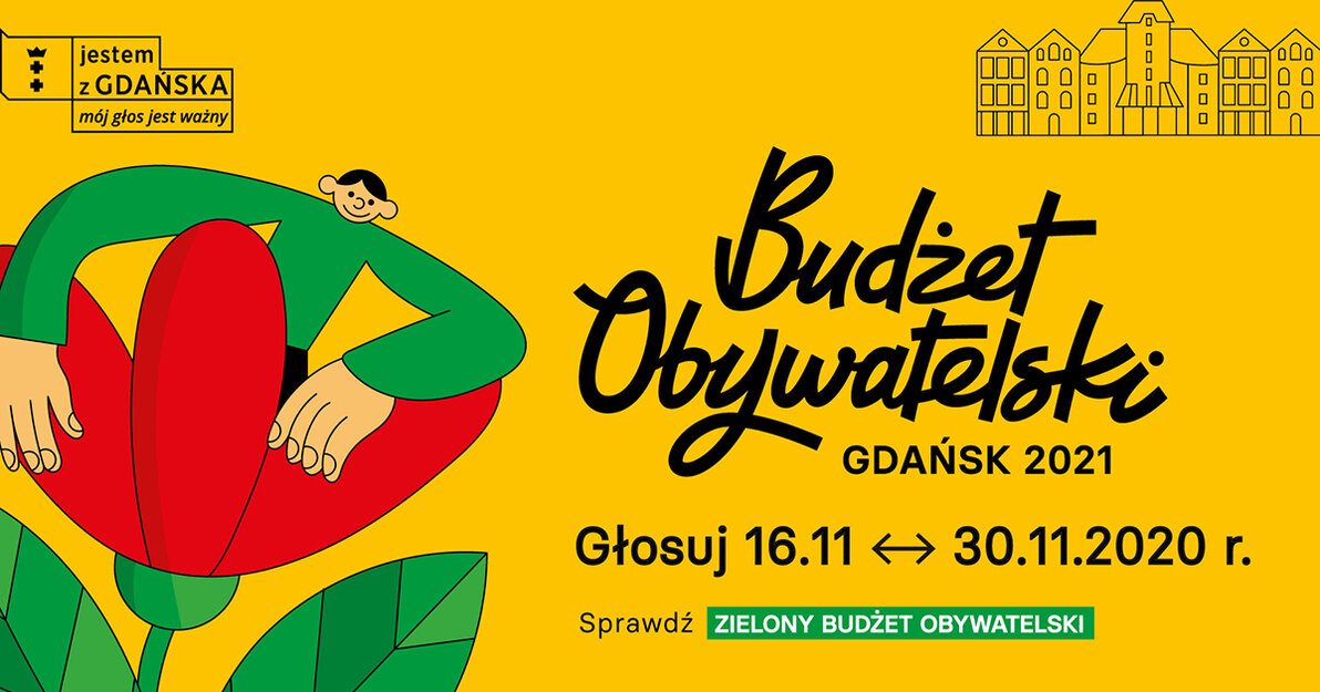 Żółta grafika. W lewej strony narysowany jest czerwony kwiat, z którego wygląda rysunkowy chłopiec.