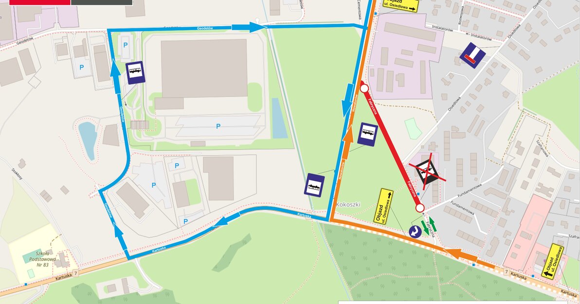 Mapa przedstawia rejon ul. Kartuskiej, Nowatorów i Fabrycznej. Czerwoną linia zaznaczono zakres prac na ul. Fabrycznej. Zmiany w trasach autobusów oznaczono linią pomarańczową oraz niebieską.