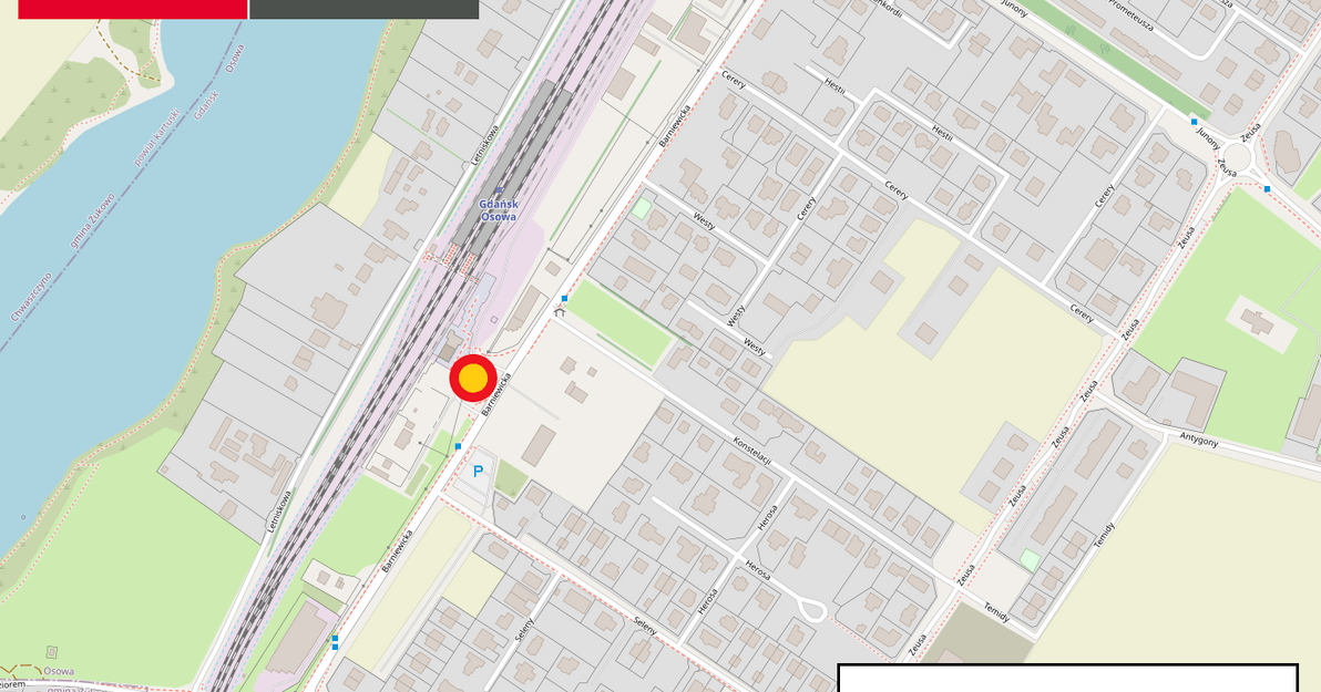 Mapa przedstawia okolice dworca PKP Osowa oraz ul. Barniewickiej. Czerwoną kropką oznaczona jest lokalizacja inwestycji.