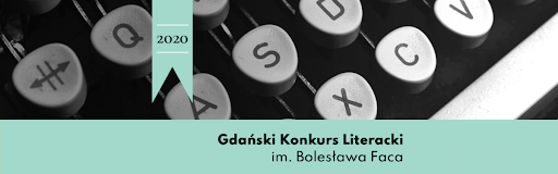 Na grafice znajdują się klawisze maszyny do pisania, na seledynowym pasku jest nazwa i rok wydarzenia. 