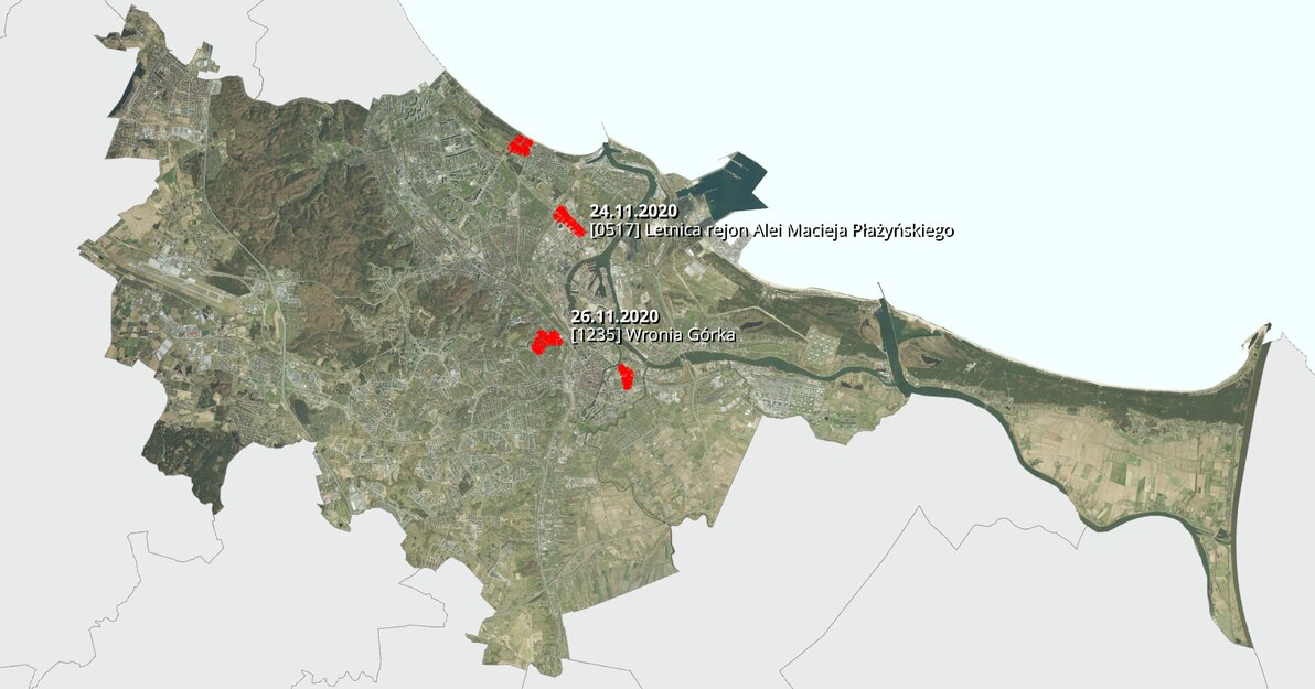 Mapa fragmentu Gdańska, na której oznaczone są miejsca, o których toczyć się będą dyskusje publiczne, czyli Letnica i Wronia Górka.