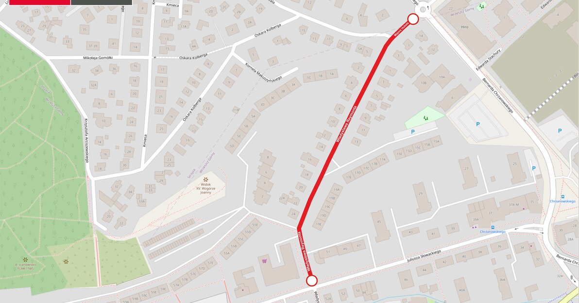 Mapa przedstawia okolice ul. Reymonta, czerwoną linią oznaczono odcinek remontowany.
