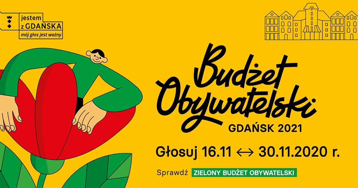 Grafika promująca Budżet Obywatelski, na żółtym tle nazwa projektu oraz daty głosowania, Z lewej strony rysunkowy, czerwony kwiat i wychodząca z kwiatka ubrana na zielono postać. 
