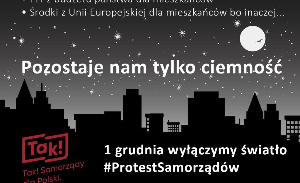 Grafika przestawia zarys kamienic na tle nocnego nieba. Z boku czerwone logo "Tak! Samorządy dla Polski"