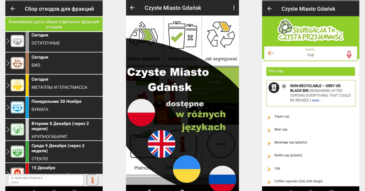 Zdjęcie przedstawia zrzuty ekranu aplikacji Czyste miasto Gdańsk w kilku wersjach językowych.