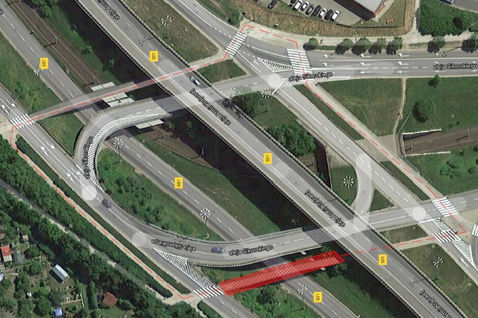 Prace remontowe na kładce dla pieszych nad al. Armii Krajowej w rejonie skrzyżowania al. Sikorskiego.