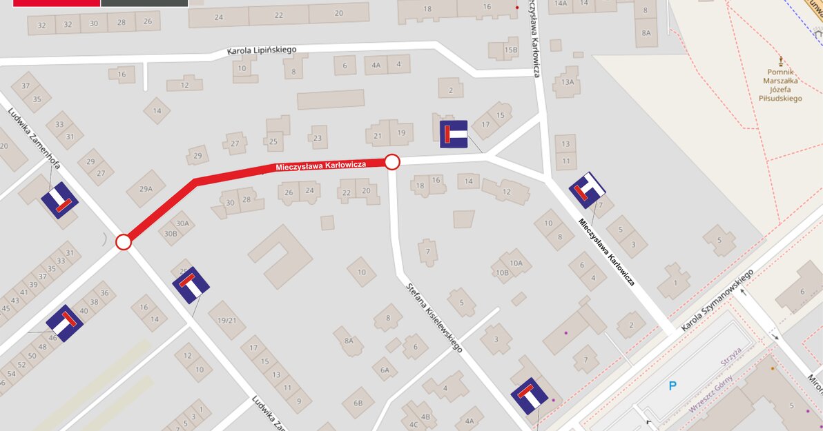 Mapa okolic ul. Zamenhofa i al. Wojska Polskiego, zamknięcie ul. Karłowicza na odcinku od ul. Zamenhofa do ul. Kisielewskiego.