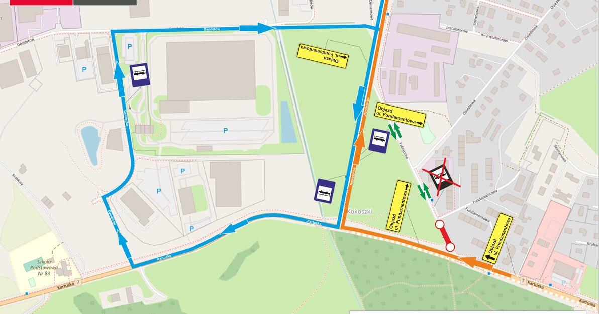 Mapa przedstawia okolicę ul. Kartuskiej i Nowatorów. Linia z obwodem zamkniętym dotyczy zmian trasy autobusu nr 157, linia przebiegająca przez skręt z ul. Kartuskiej w Nowatorów - zmiany na trasie autobusów 167, 267, 268, N3. Odcinek zamknięty, między dwiema kropkami w ciągu ul. Fabrycznej.