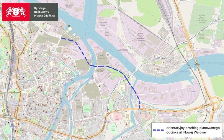 Orientacyjny przebieg Nowej Wałowej oznaczony przerywaną linią.
