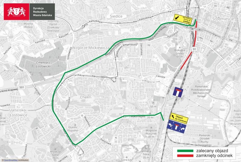 Mapka przedstawia fragment Gdańska w okolicach traktu św. Wojciecha, przy wiadukcie Biskupia Górka