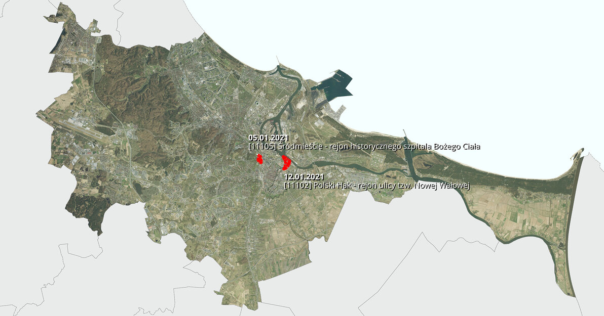 Mapa z zaznaczonymi obszarami wyłożonych projektów planów z datami dyskusji publicznych