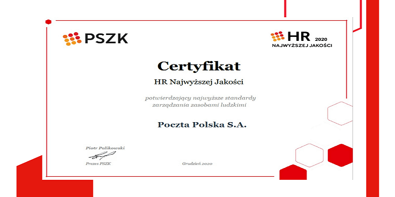 Poczta Polska z certyfikatem HR Najwyższej Jakości 