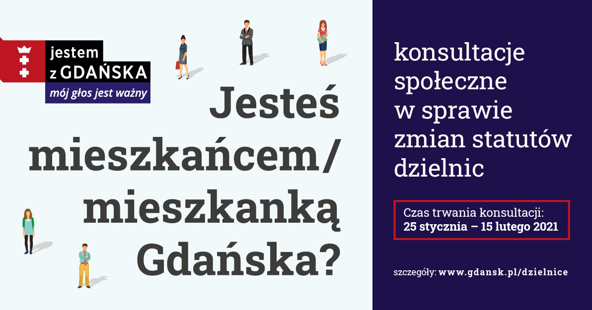 Plakat informujący o konsultacjach w sprawie zmian statutów dzielnic