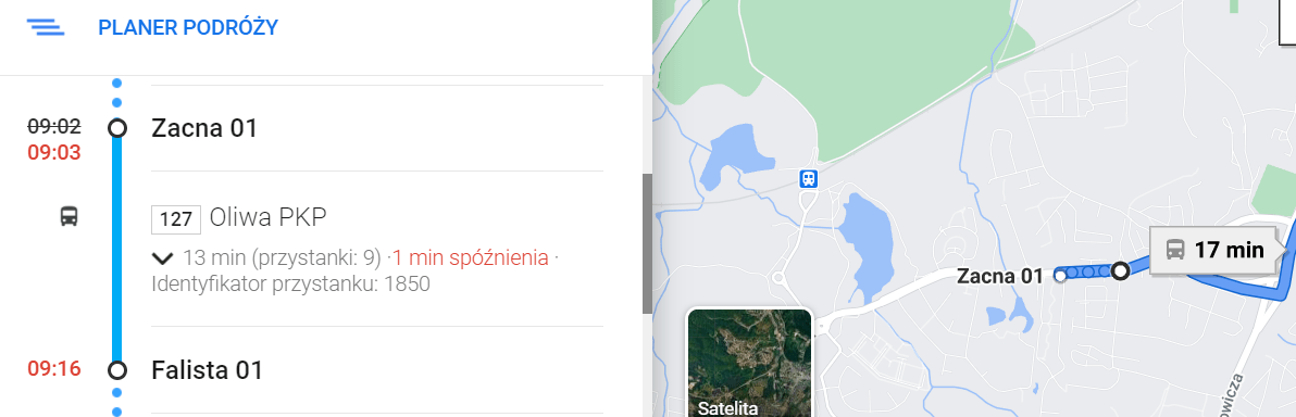 Przykładowy przebieg trasy na Mapach Google