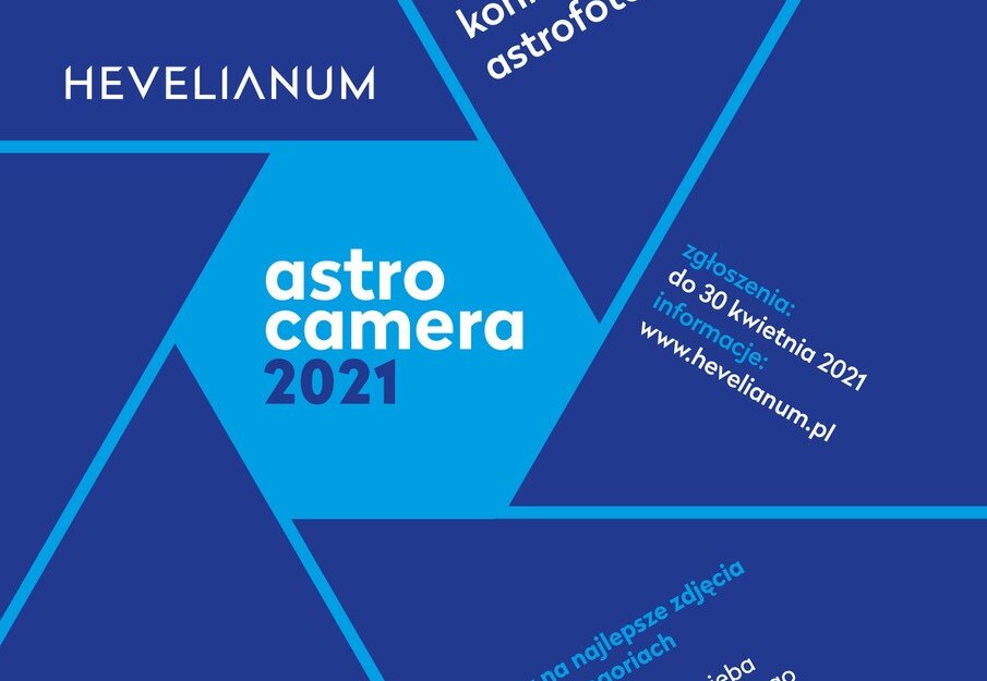 Błękitny sześciokąt na granatowym tle. Astro Camera 2021, Międzynarodowy Konkurs Astrofotograficzny, zgłoszenia do 30 kwietnia 2021, informacje: www.hevelianum.pl