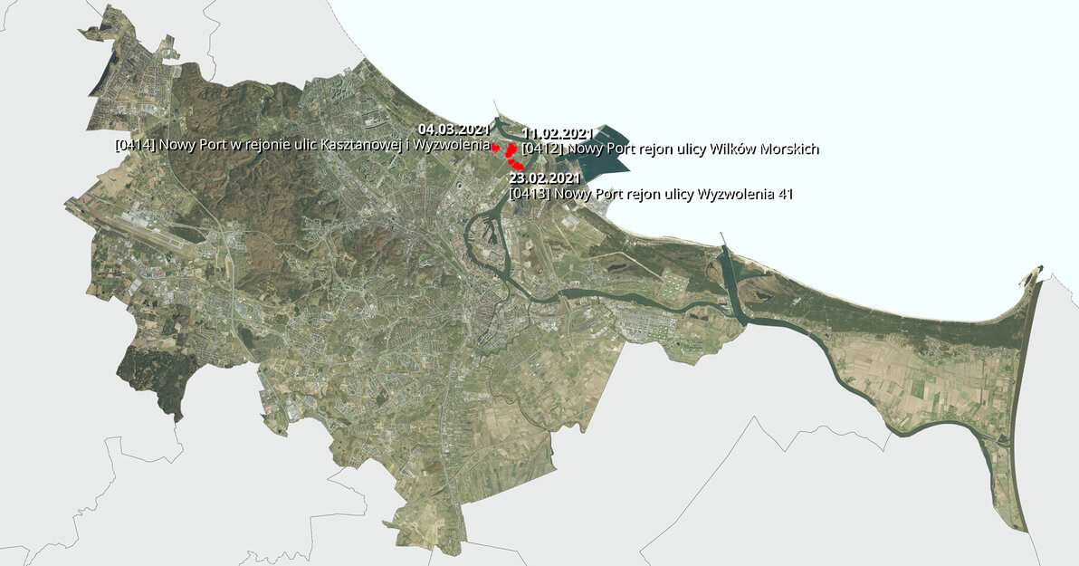 Mapa gdańska z zaznaczonymi granicami wyłożonych do publicznego wglądu planów miejscowych