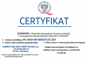 MAKRO Polska z certyfikatem dystrybucji produktów ekologicznych