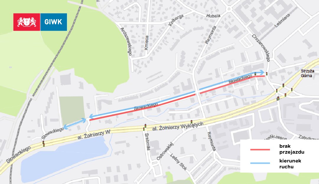 Mapa utrudnień drogowych na ul. Słowackiego (odcinek od ul. Chrzanowskiego do ul. Trawki). Od ul. Reymonta do ul. Chrzanowskiego ruch jednokierunkowy w stronę Chrzanowskiego; od ul. Reymonta do wjazdu na stację benzynową ruch jednokierunkowy w stronę Al. Żołnierzy Wyklętych; od stacji benzynowej do Al. Żołnierzy Wyklętych ruch dwukierunkowy.