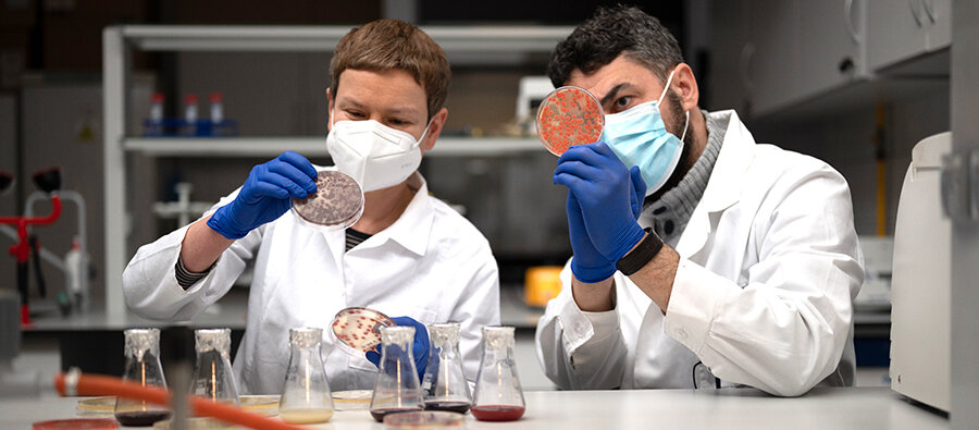 Na zdj. prof. Marta Wanarska i prof. Hubert Cieśliński z Katedry Biotechnologii Molekularnej i Mikrobiologii Wydziału Chemicznego PG w laboratorium. Fot. Dawid Linkowski / Politechnika Gdańska