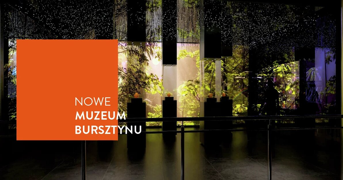 Grafika. Wizualizacja bursztynowego lasu w nowym Muzeum Bursztynu. NA grafice pomarańczowy kwadrat z napisem NOWE MUZEUM BURSZTYNU.