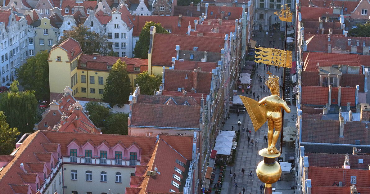 Zdjęcie przedstawia widok z loty ptaka na ulicę Długą w kierunku Złotej Bramy. Na kamienice spogląda pozłacana figura król Zygmunta Augusta odwrócona tyłem do widza. Król trzyma proporzec.