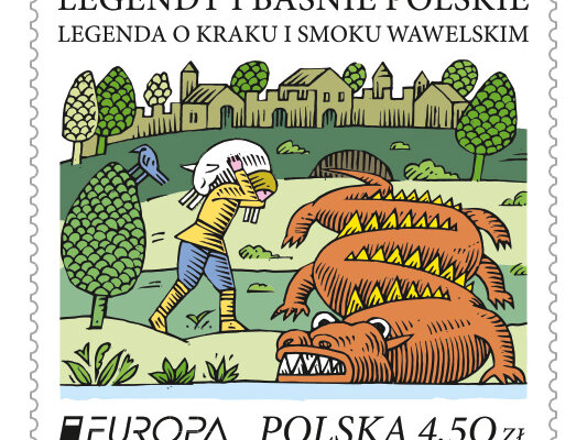 Legenda o Kraku i smoku wawelskim na znaczku Poczty Polskiej 