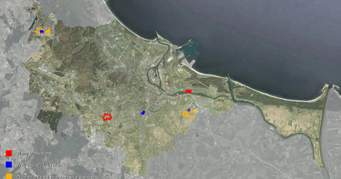 Mapa Gdanska z zaznacznymi granicami planow uchwalonych planow przystapionych planow odstapionych na