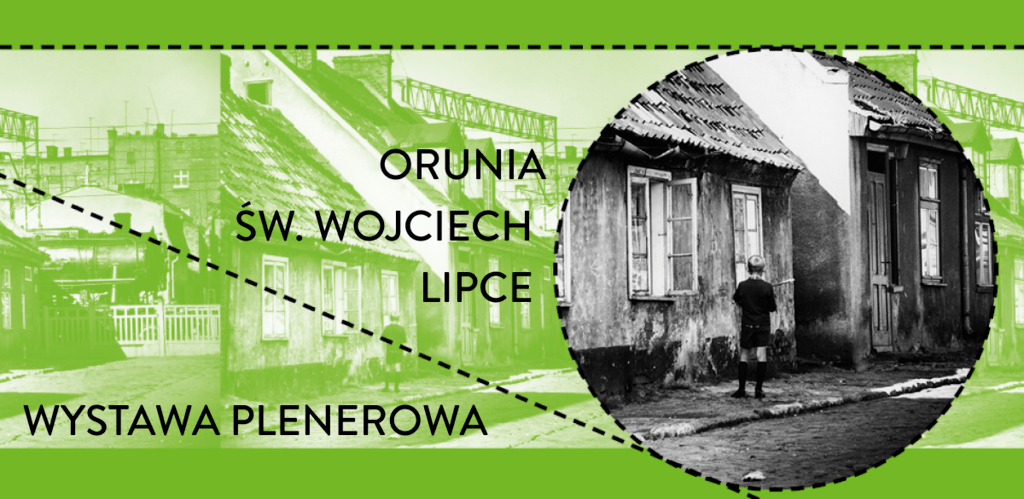 Grafika. Na zielonym tle w kole po prawej stronie fragment historycznego, czarno-białego zdjęcia przedstawiającego chłopce przed domem. 