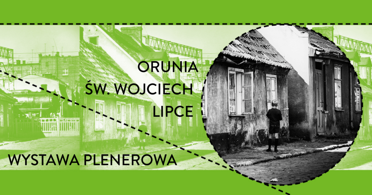 Grafika. Na zielonym tle w kole po prawej stronie fragment historycznego, czarno-białego zdjęcia przedstawiającego chłopce przed domem. 