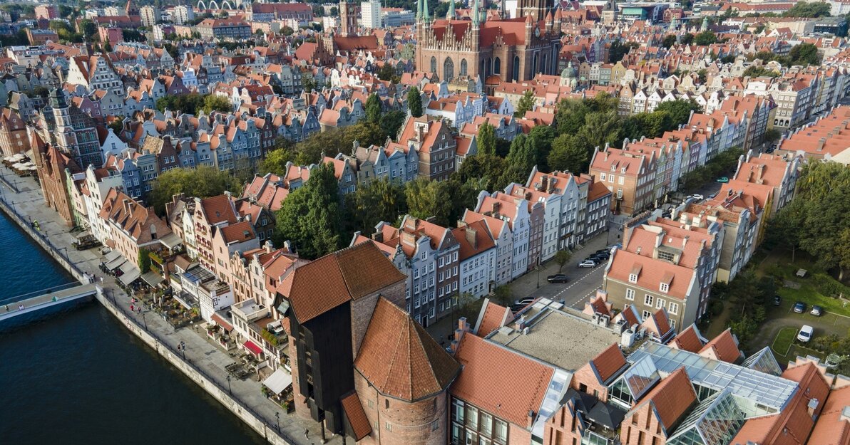 Gdańsk, widok z drona na Główne Miasto