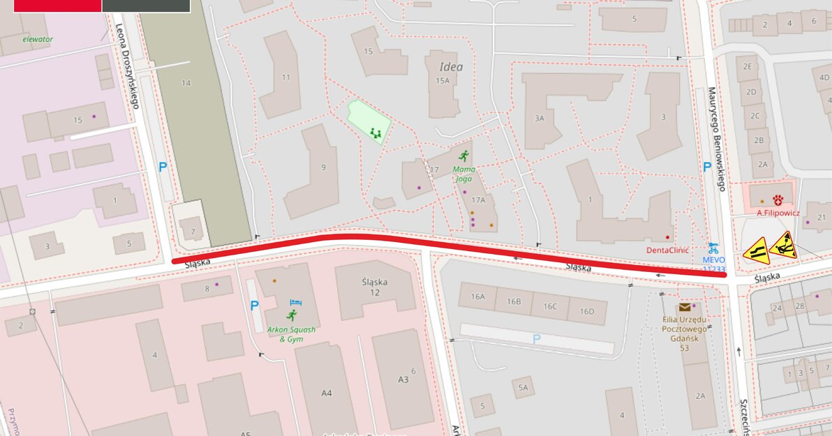 mapa pokazująca zmiany z ruchu na ul. Śląskiej w Gdańsku