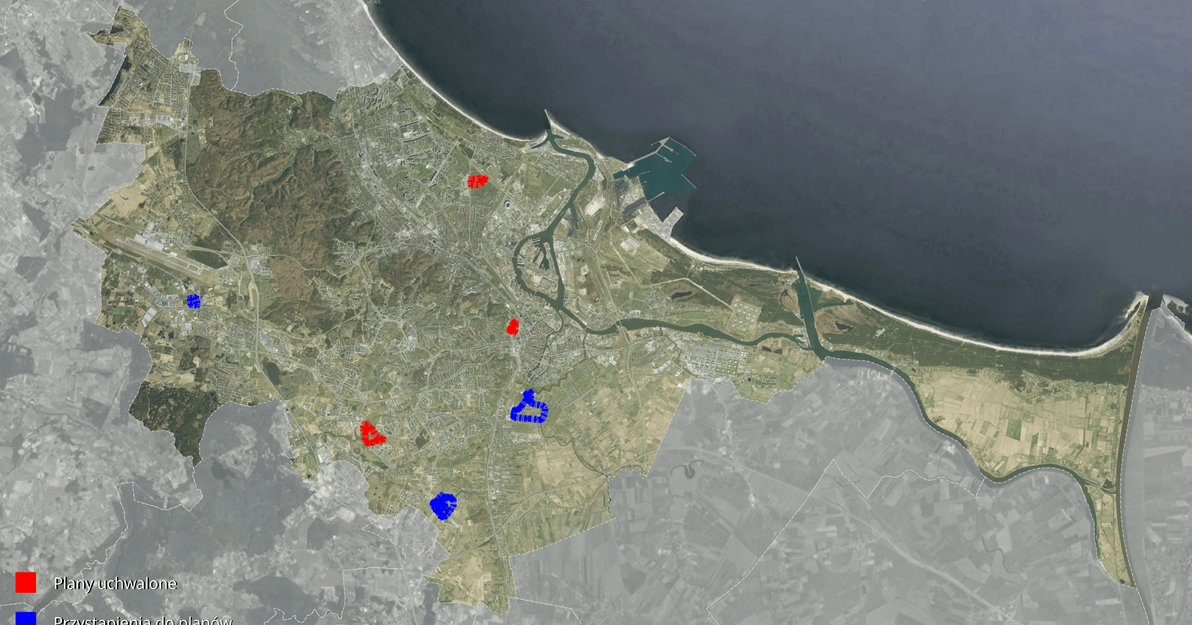 Mapka przedstawiająca miejsca, dla których uchwalane były plany miejscowe i użytki ekologiczne.