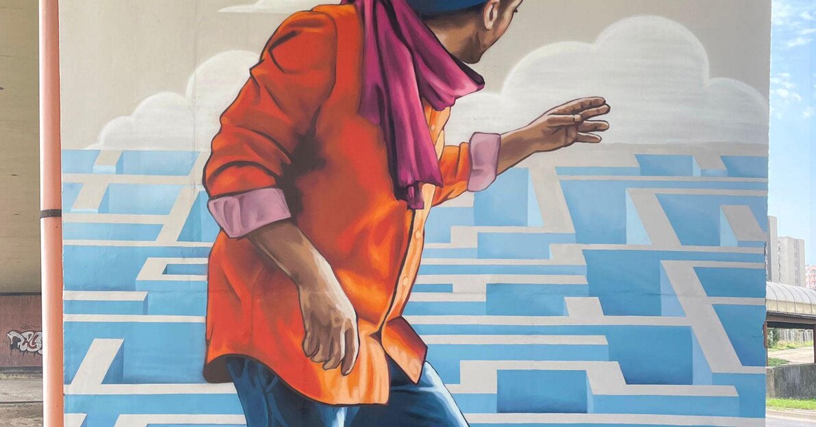 Mural - Mam autyzm Poznaj Zrozum Pomóż (symboliczny obraz mężczyzny w labiryncie) - aut  Marek Loone