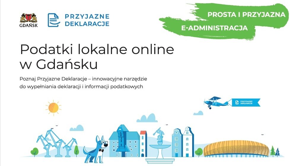 Fragment plakatu informacyjnego, w którym wyszczególniono cztery rodzaje podatków, które można rozliczyć online oraz podano adres strony internetowej Przyjaznych Deklaracji