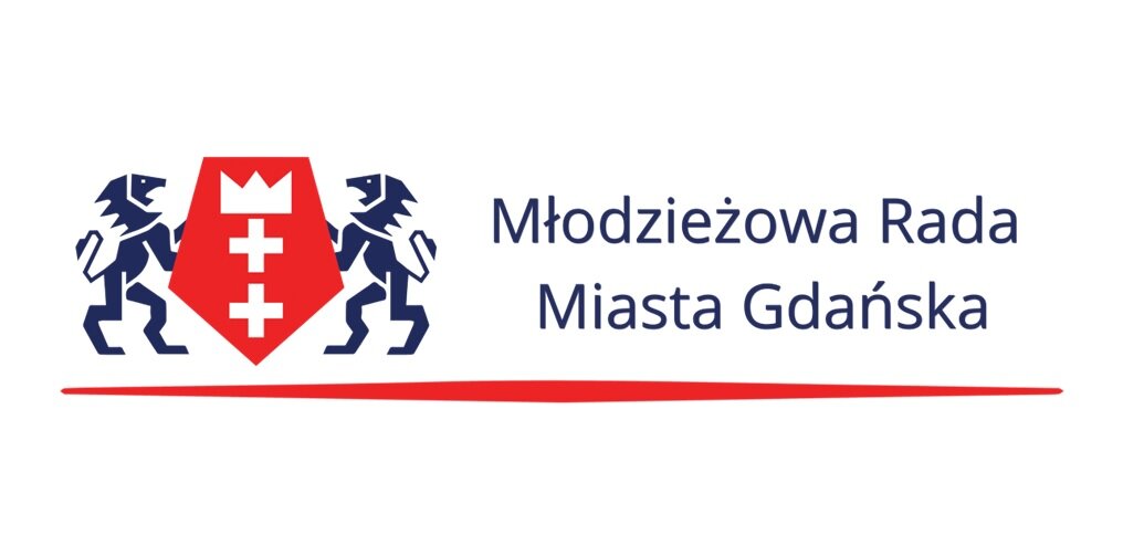 Z lewej strony rysunkowy herb Gdańska trzymany przez dwa rysunkowe lwy, z prawej napis Młodzieżowa Rada Miasta Gdańska.