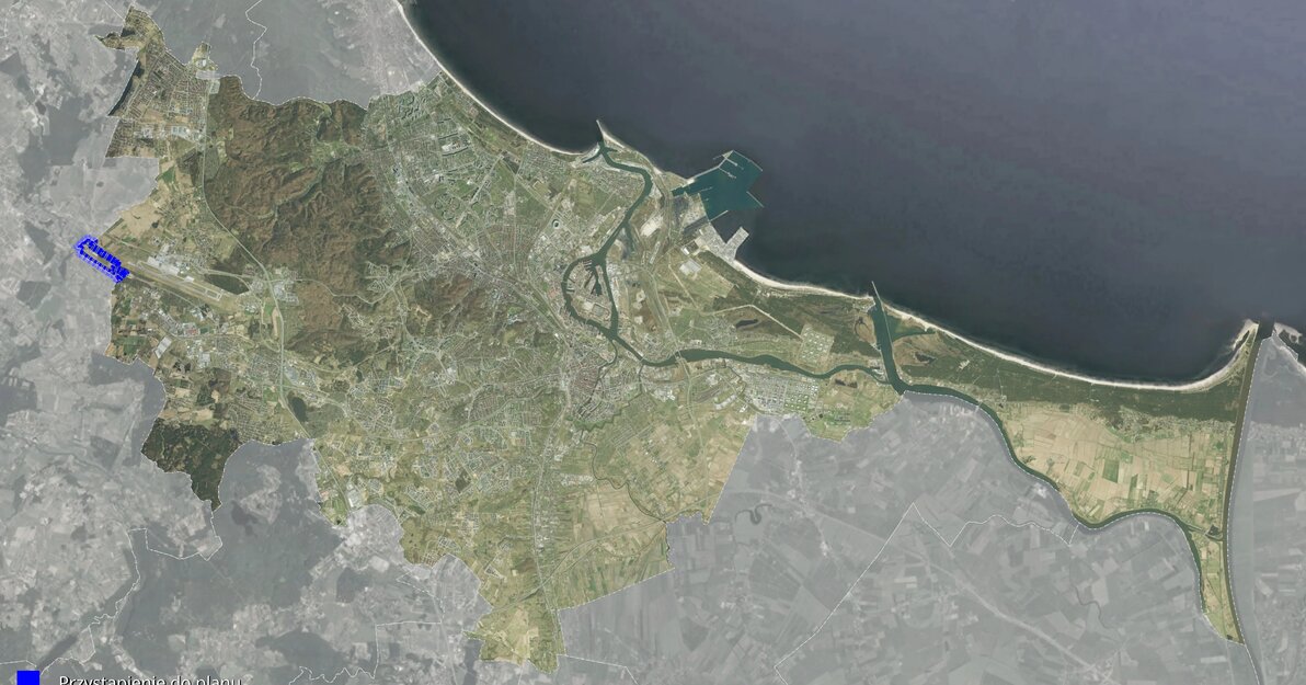 Mapa Gdanska z zaznacznymi granicami planu do sporzadzania którego przystapi BRG