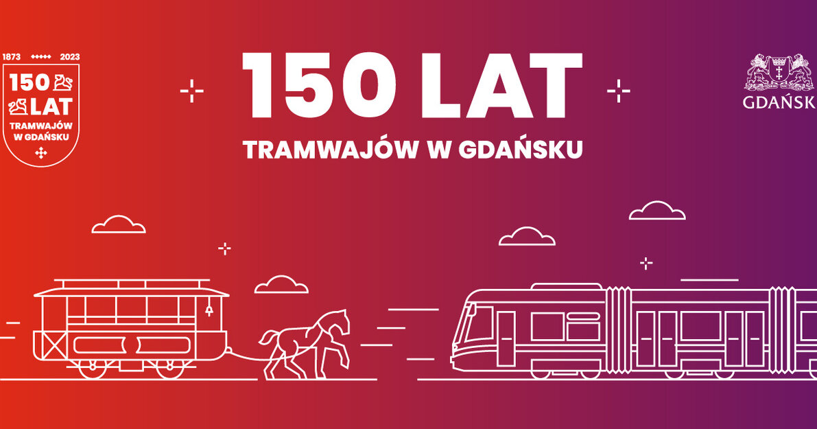 Pomarańczowo-fioletowa grafika pozioma, na dole po lewej tramwaj konny, po prawej elektryczny. Na górze białe logo 150-lecia gdańskich tramwajów. 