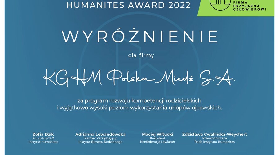 KGHM wyróżniony za "rozwój kompetencji rodzicielskich i poziom wykorzystania urlopów ojcowskich"