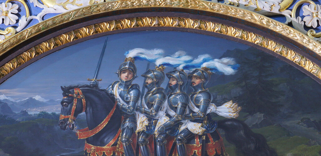 Obraz "Czterech synów Hajmona na koniu Bajardzie” Carla F. Meyerheima. Na obrazie czterech zbrojnych jedzie na jednym koniu.  