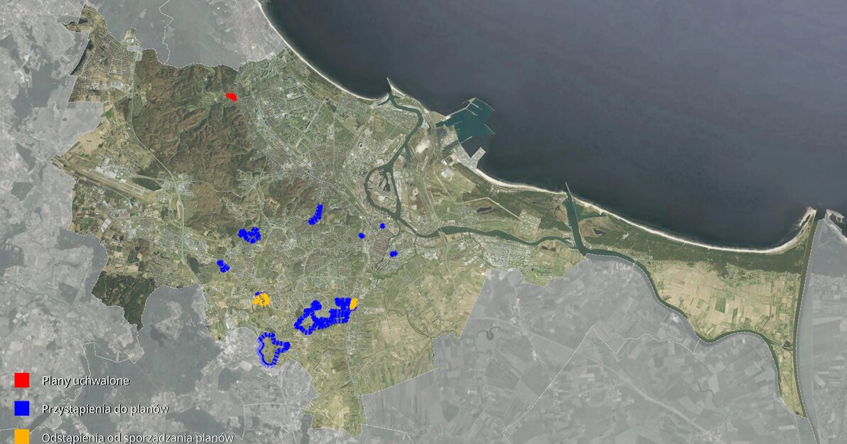 Mapa Gdanska z zaznaczonymi granicami planow