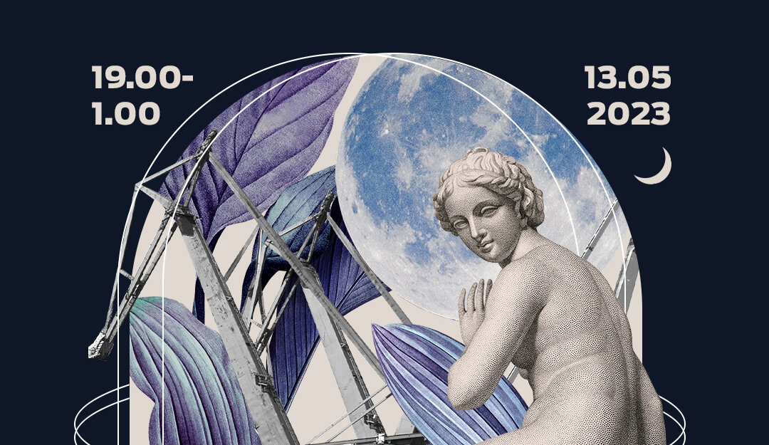 Grafika Europejskiej Nocy Muzeów w województwie pomorskim. W centrum antyczna rzeźba przedstawiająca kobietę zwrócona twarzą w kierunku. Po lewej szczyty fasad kamienic. Na rzeźbą księżyc. Obok daty 13 maja 2023, godz. 19:00-1:00.  