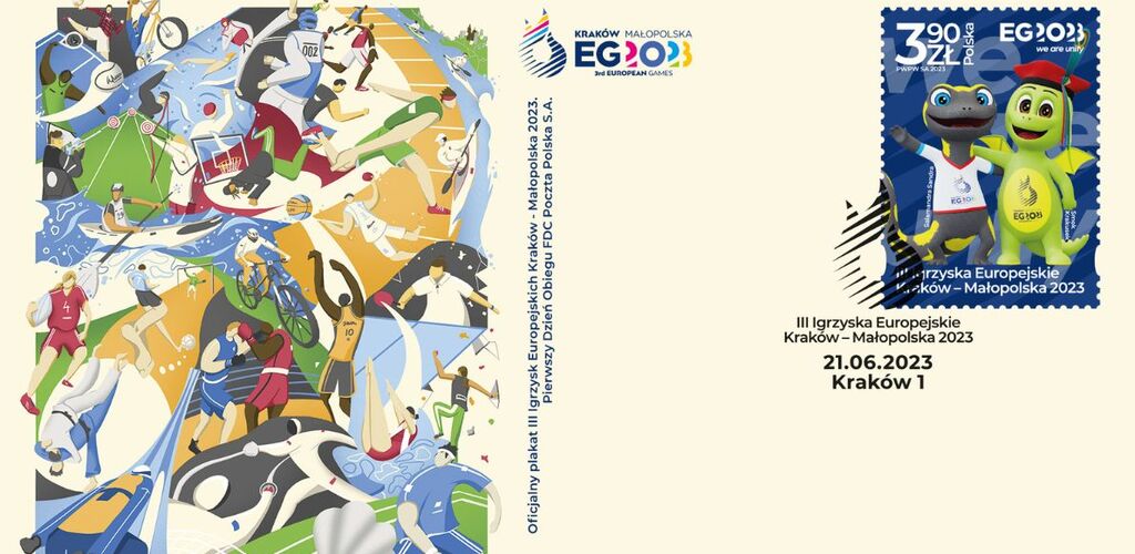 Maskotki III Igrzysk Europejskich Kraków – Małopolska 2023 na wyjątkowym znaczku pocztowym