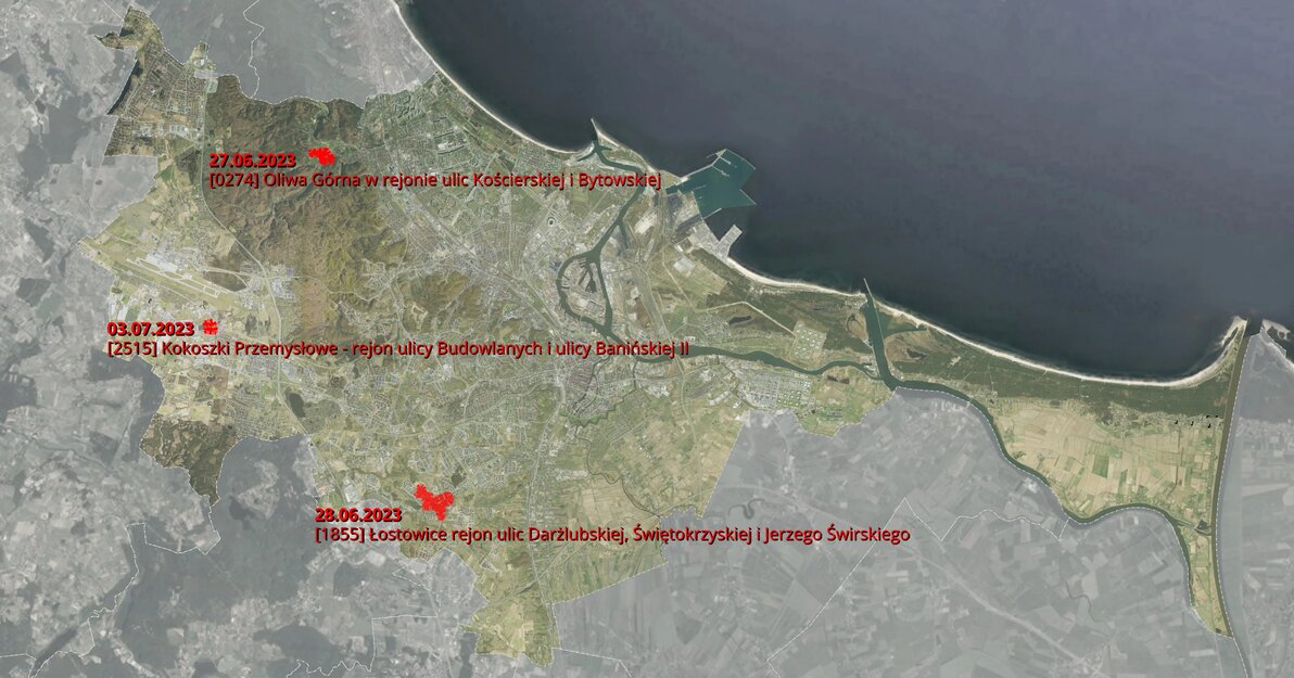 Mapa Gdanska z zaznaczonymi granicami projektow planow i datami dyskusji publicznych