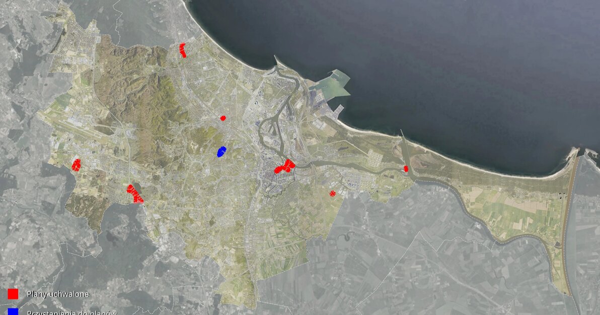 Mapa Gdanska z zaznaczonymi granicami planow poddanych pod glosowanie podczas sesji RMG