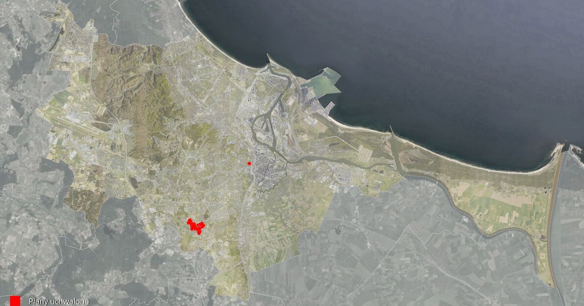 mapa Gdanska z zaznaczonymi granicami planow uchwalonych